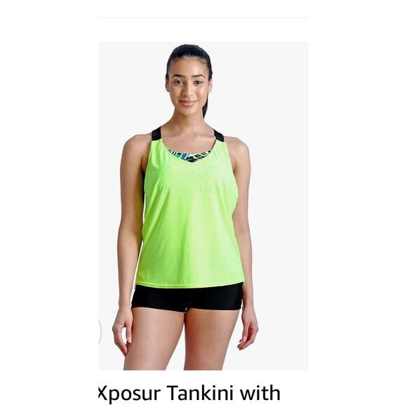 ZeroXposur Mesh Racerback Tankini Builtin Bra Black/Yellow/Teal UPF 30+Sun 0X - Picture 2 of 11